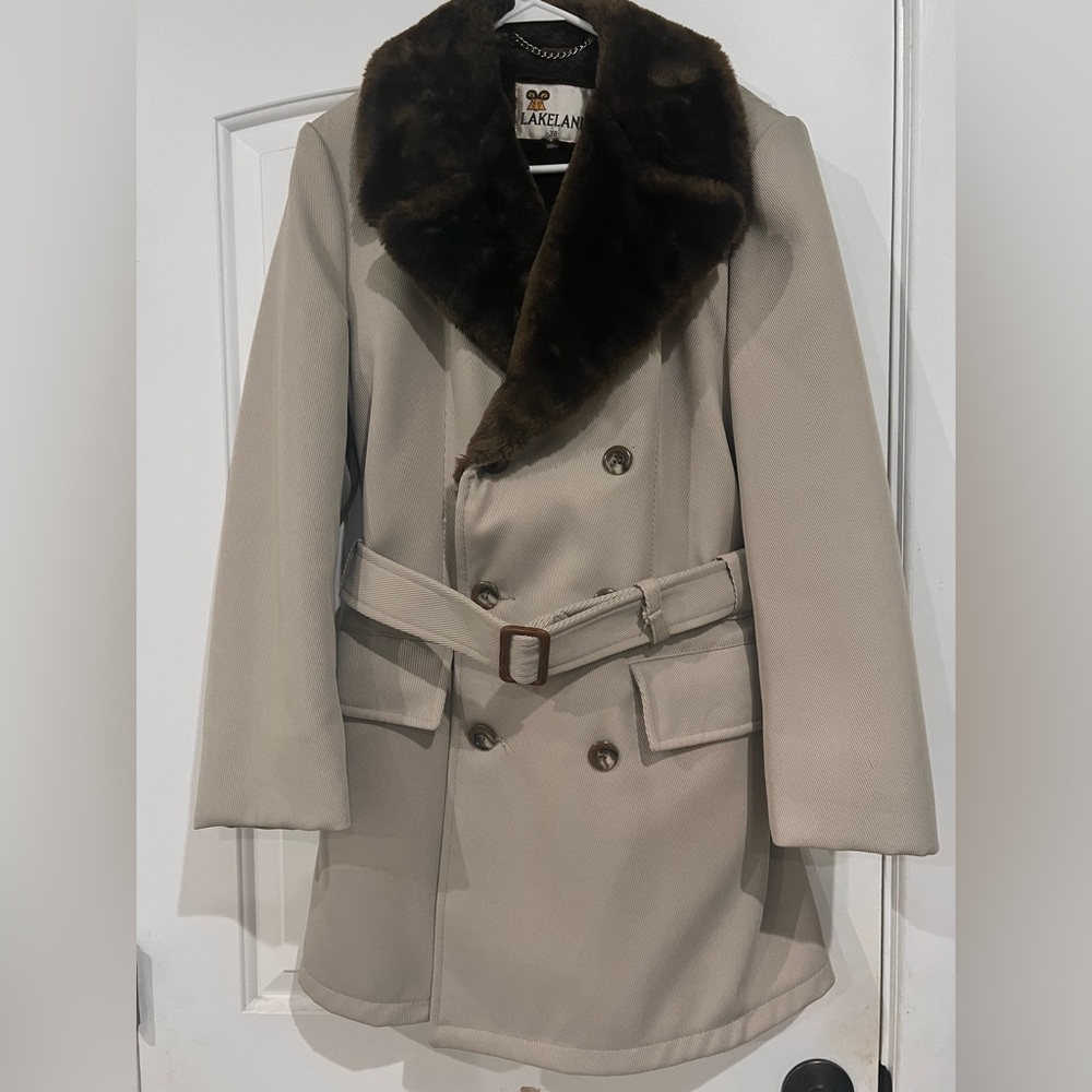 Cream and Brown Fur Trench Coat with Belted Waists and Wide Lapels